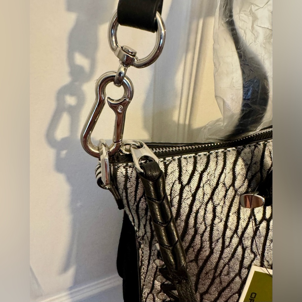 orYANY Silver & Black Embossed Leather Suede Top-Handle Crossbody Bag Large NWT - Picture 6 of 13